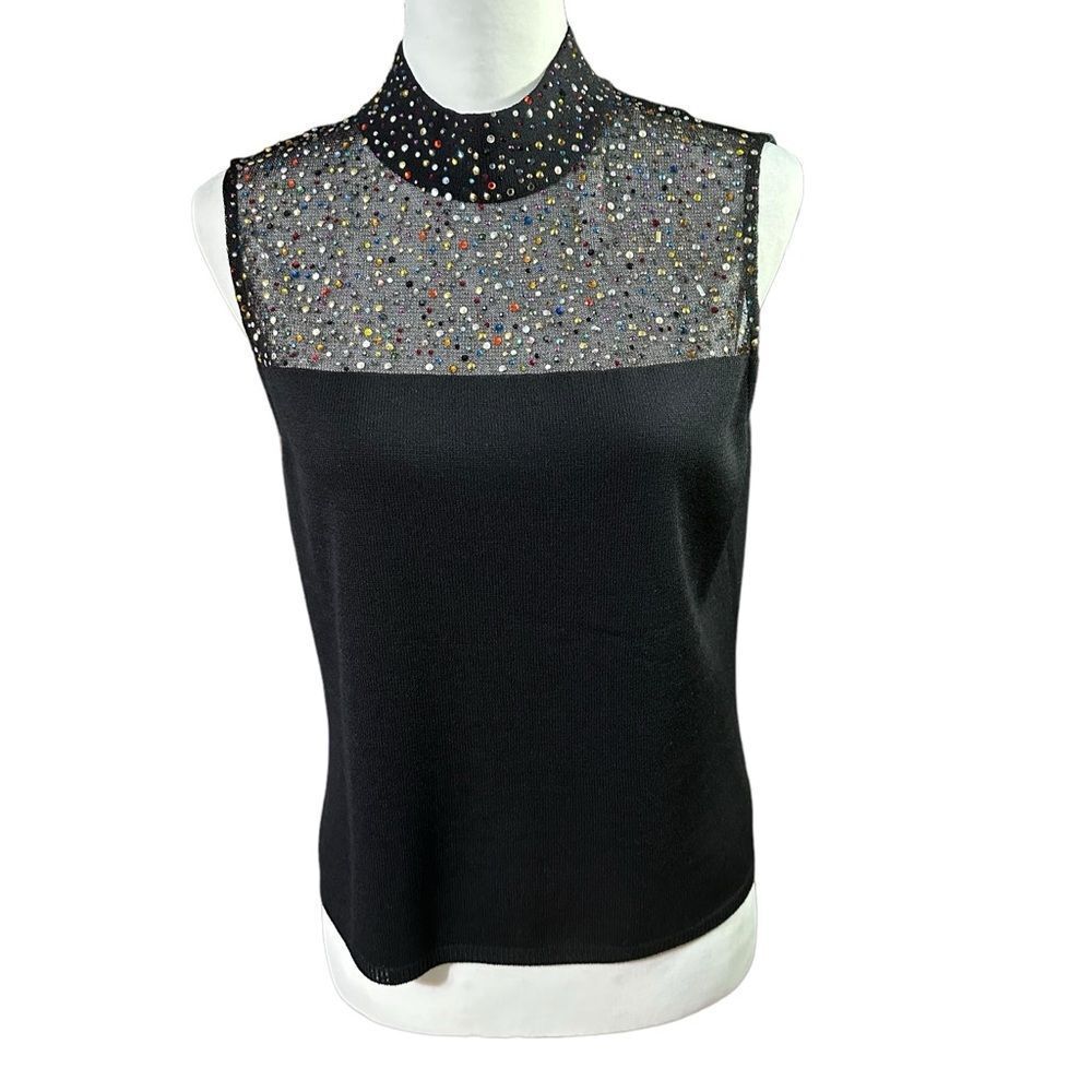 St. John Black Knit Sleeveless Top with Beaded Embellishments Sz Small